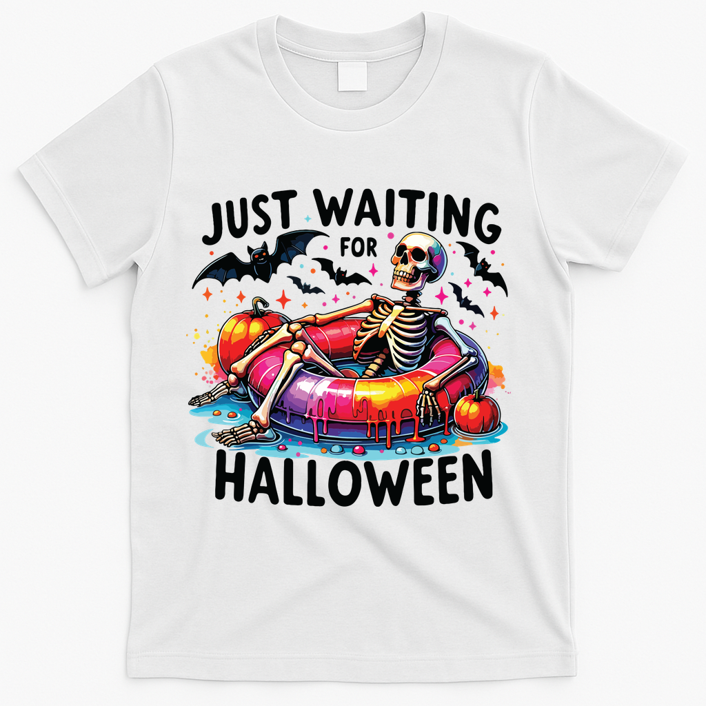 Funny Just Waiting For Halloween Skeleton Spooky Vibe Summer T-Shirt - White
