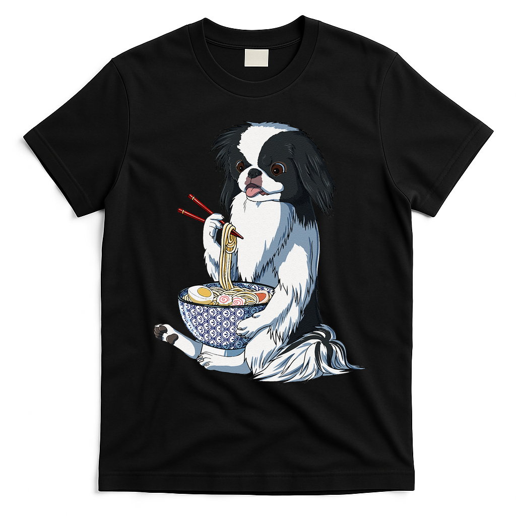 Funny Kawaii Dog Eats Ramen Noodles Japanese Chin T-Shirt - Black