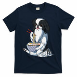 Funny Kawaii Dog Eats Ramen Noodles Japanese Chin T-Shirt - Navy Blue