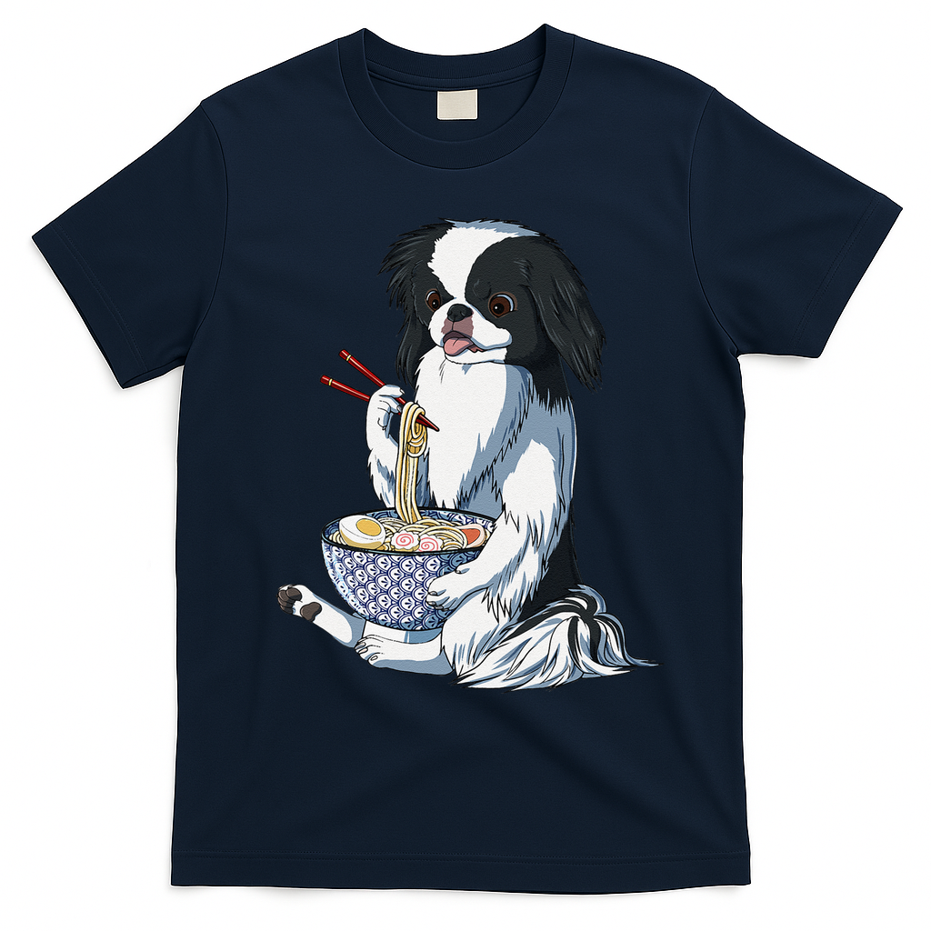 Funny Kawaii Dog Eats Ramen Noodles Japanese Chin T-Shirt - Navy Blue