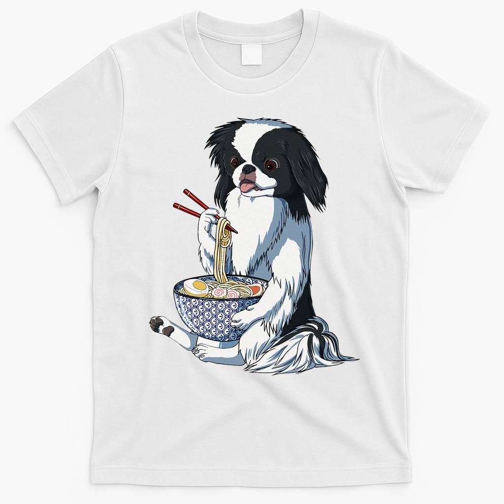 Funny Kawaii Dog Eats Ramen Noodles Japanese Chin T-Shirt - White