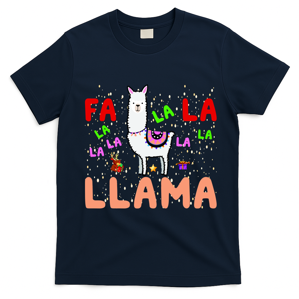 Fa La La Llama Funny Llama Christmas T-Shirt - Navy Blue