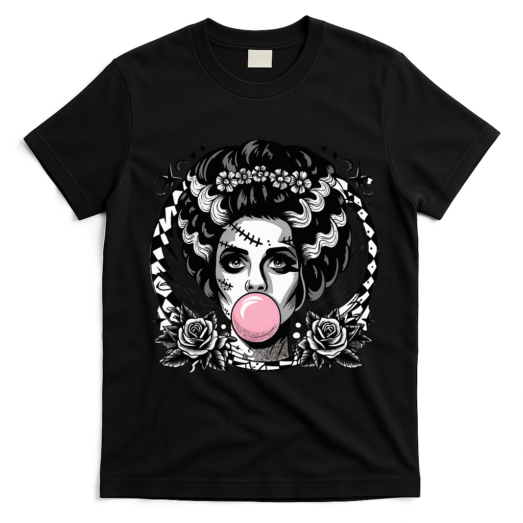 Frankenstein Monster And Bride B.U.B.B.L.E G.U.M Funny Halloween T-Shirt - Black