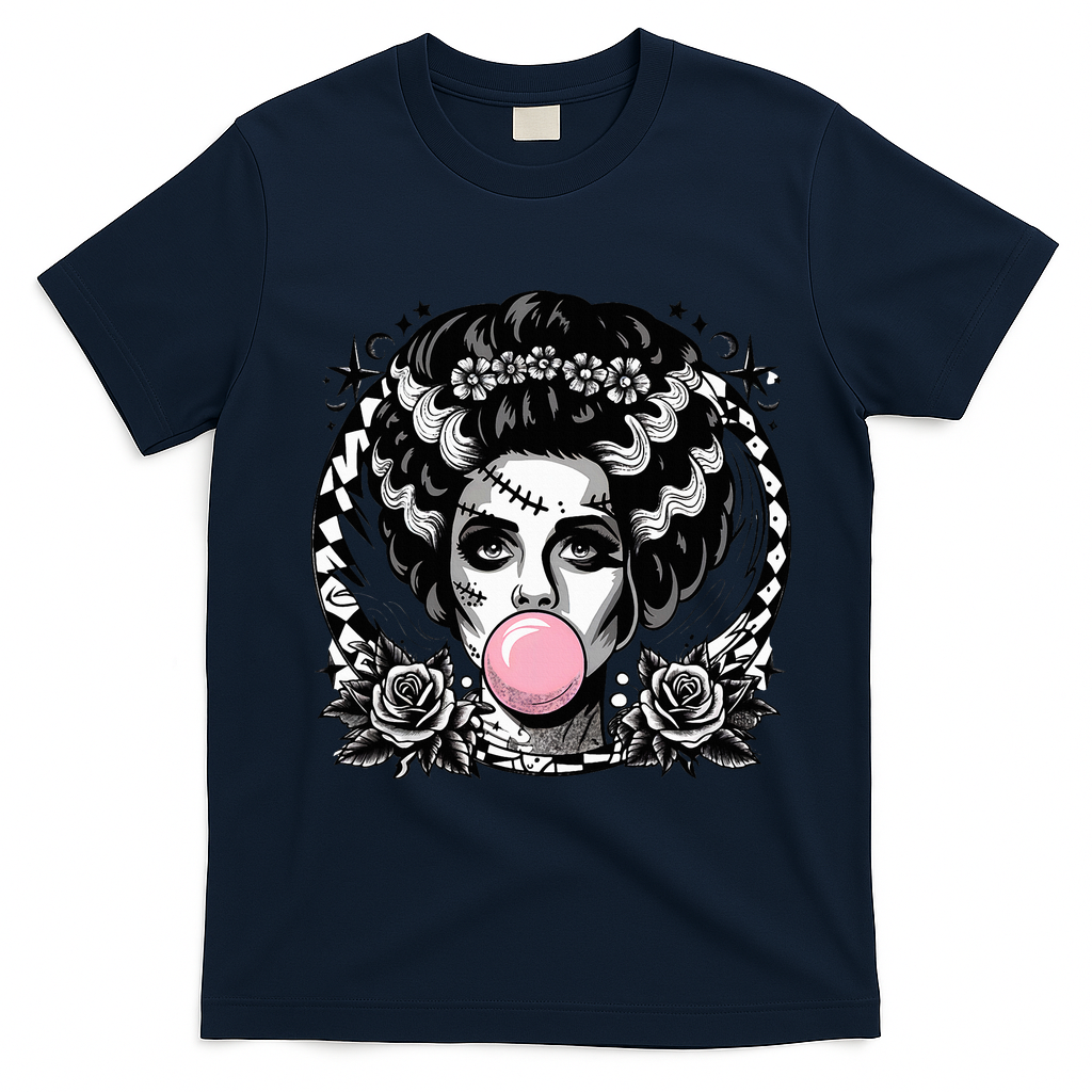 Frankenstein Monster And Bride B.U.B.B.L.E G.U.M Funny Halloween T-Shirt - Navy Blue