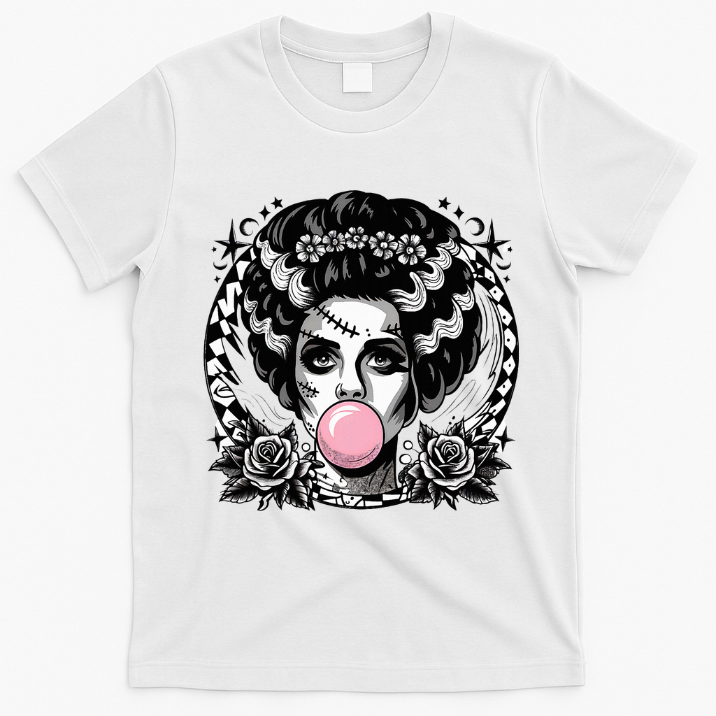 Frankenstein Monster And Bride B.U.B.B.L.E G.U.M Funny Halloween T-Shirt - White