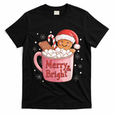Funny Merry And Bright Christmas Gingerbread Man Hot Cocoa T-Shirt - Black