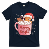 Funny Merry And Bright Christmas Gingerbread Man Hot Cocoa T-Shirt - Navy Blue