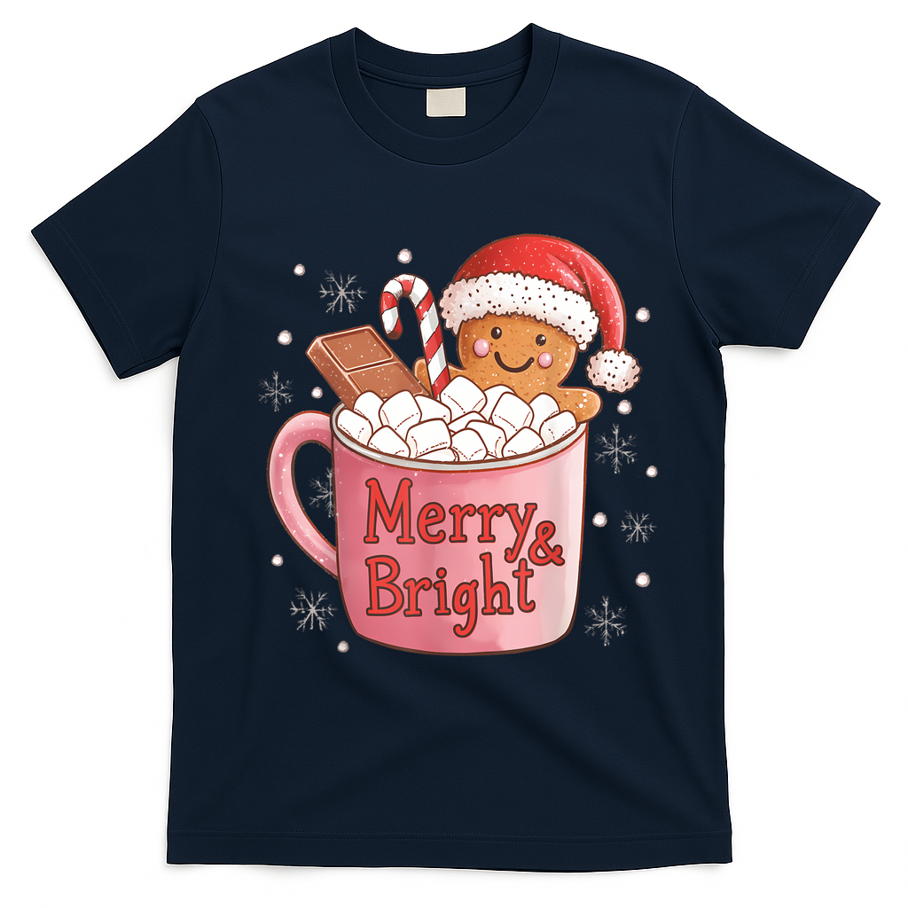 Funny Merry And Bright Christmas Gingerbread Man Hot Cocoa T-Shirt - Navy Blue