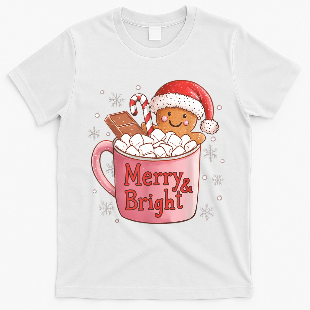 Funny Merry And Bright Christmas Gingerbread Man Hot Cocoa T-Shirt - White