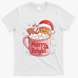 Funny Merry And Bright Christmas Gingerbread Man Hot Cocoa T-Shirt - White