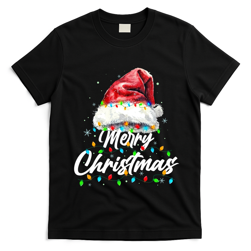 Festive Merry Christmas Santa Hat Christmas Lights T-Shirt - Black