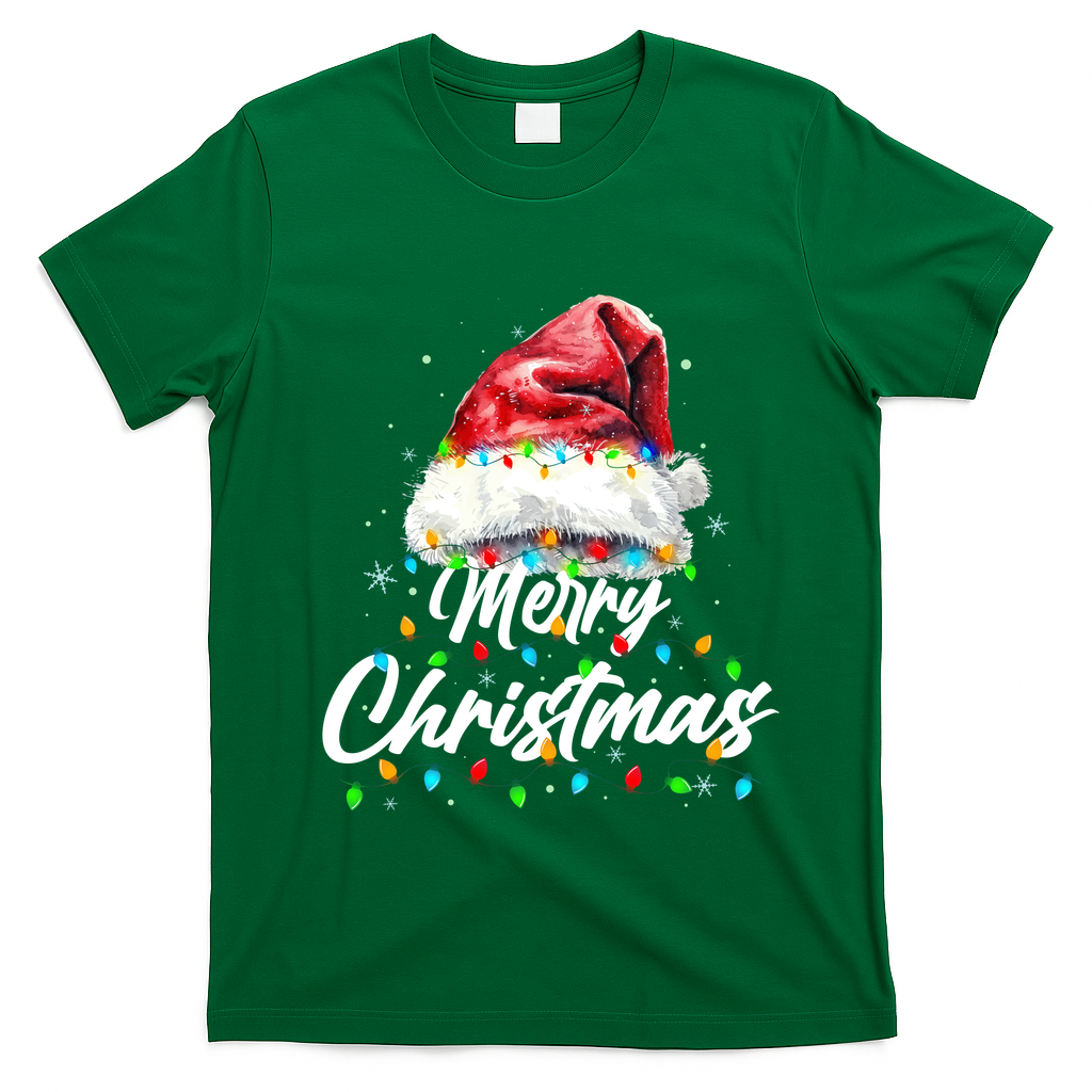 Festive Merry Christmas Santa Hat Christmas Lights T-Shirt - Irish Green