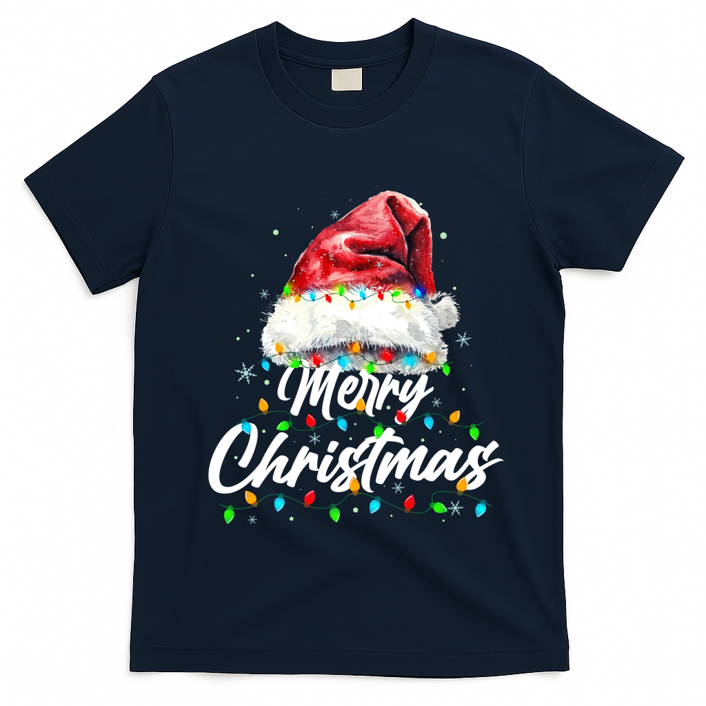 Festive Merry Christmas Santa Hat Christmas Lights T-Shirt - Navy Blue