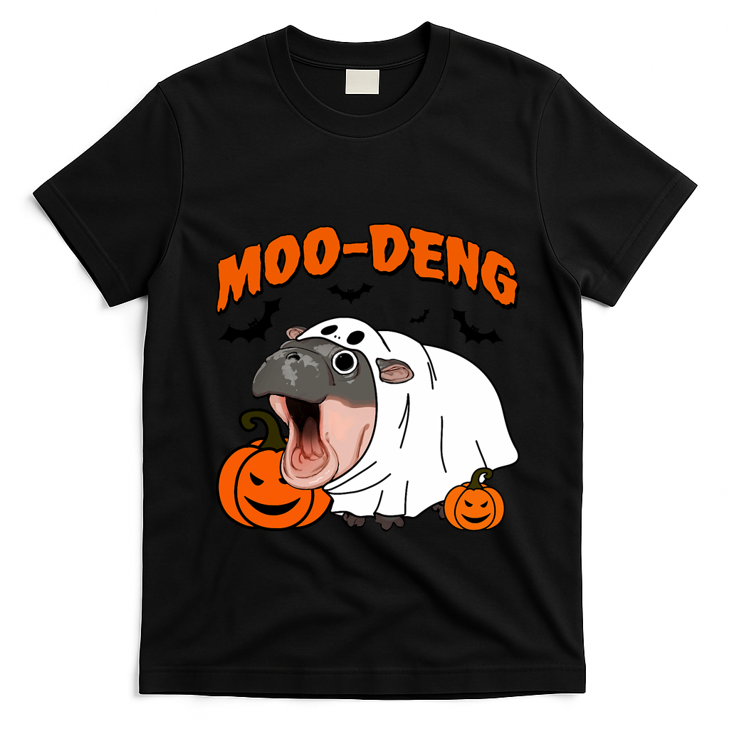 Funny Moo Deng Halloween Boo Ghost Costume Moodeng Lover T-Shirt - Black