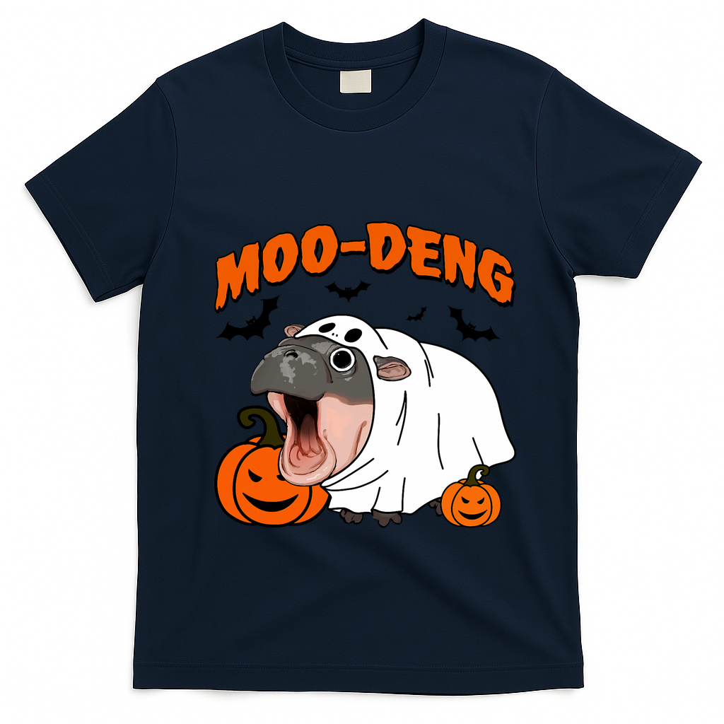Funny Moo Deng Halloween Boo Ghost Costume Moodeng Lover T-Shirt - Navy Blue