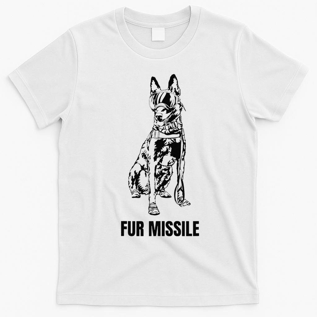 Fur Missile Funny Black Belgian Malinois Dog T-Shirt - White