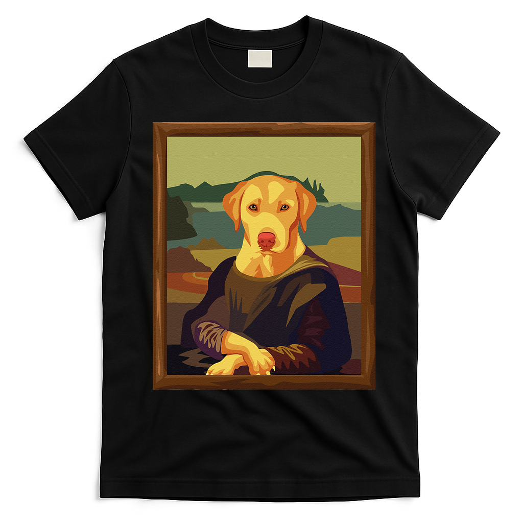 Funny Mona Lisa Yellow Lab Dog Art Parody T-Shirt - Black