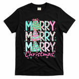 Floral Merry Merry Merry Christmas Holiday Festive T-Shirt - Black