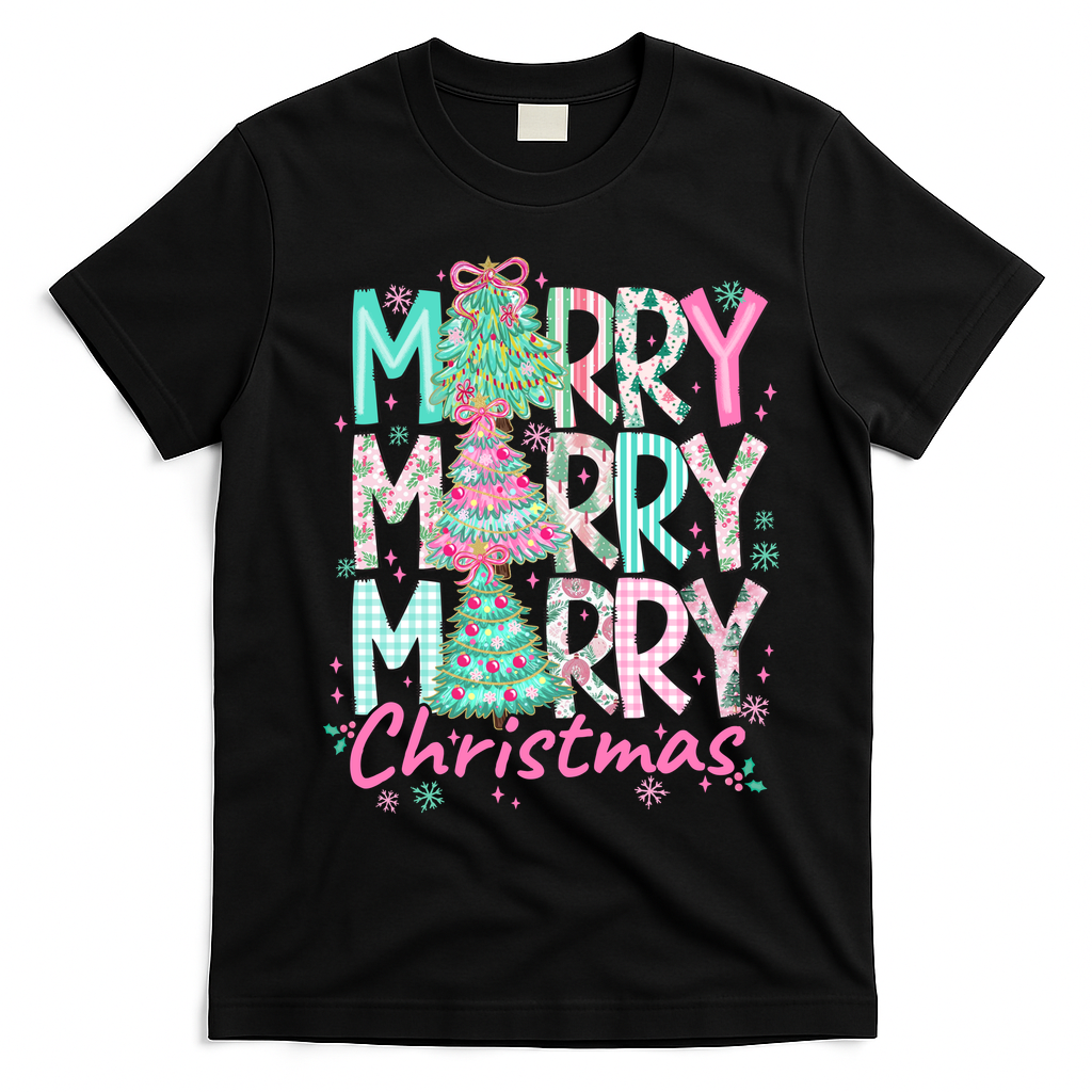 Floral Merry Merry Merry Christmas Holiday Festive T-Shirt - Black