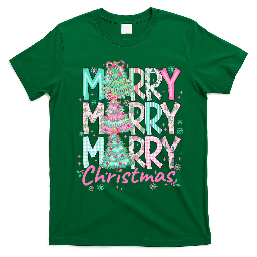 Floral Merry Merry Merry Christmas Holiday Festive T-Shirt - Irish Green