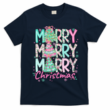 Floral Merry Merry Merry Christmas Holiday Festive T-Shirt - Navy Blue
