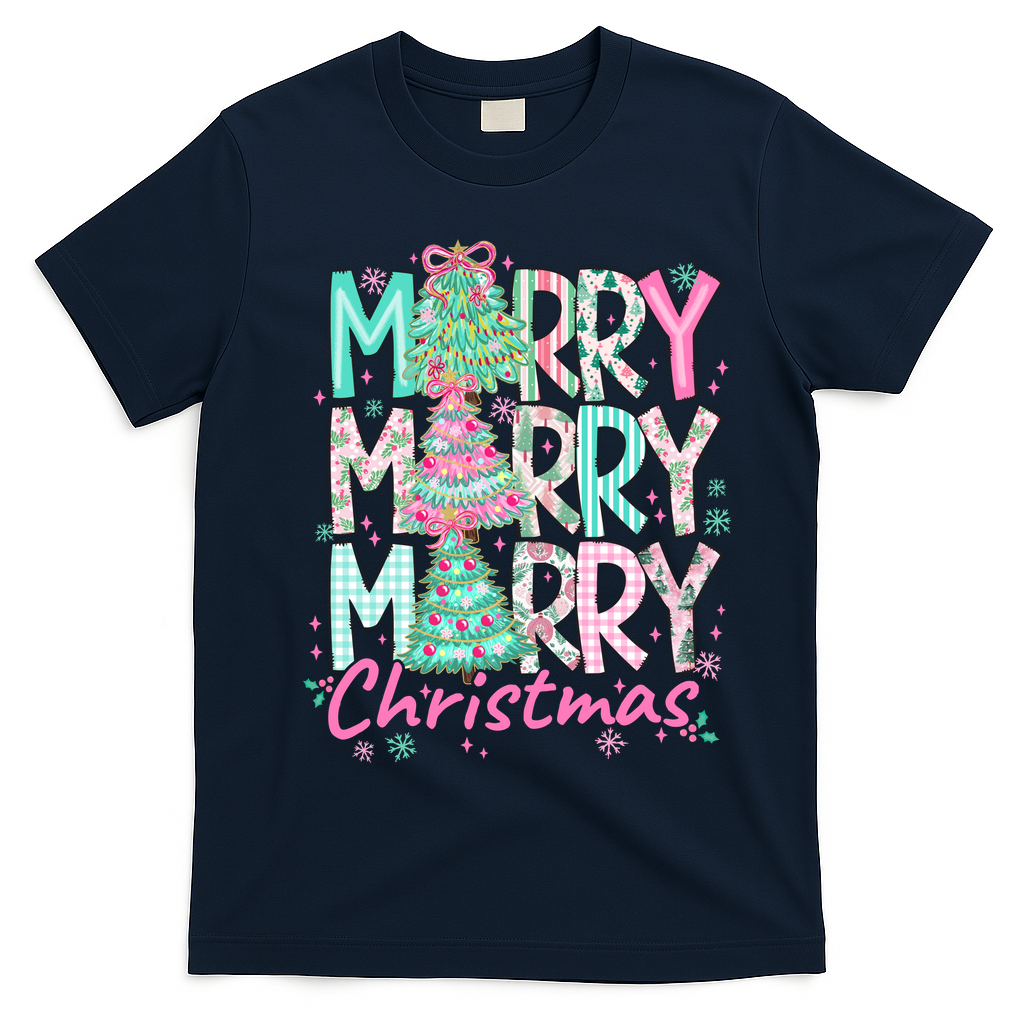Floral Merry Merry Merry Christmas Holiday Festive T-Shirt - Navy Blue