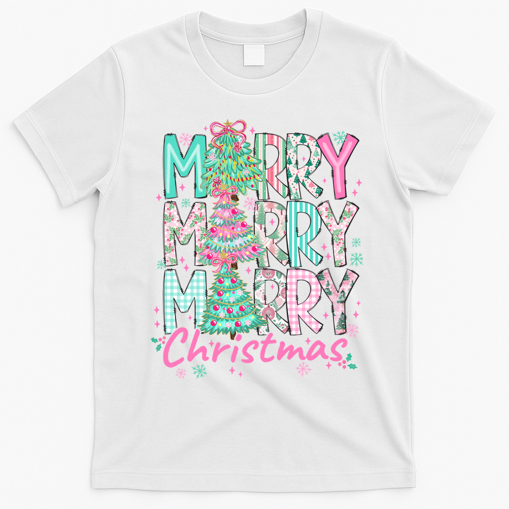 Floral Merry Merry Merry Christmas Holiday Festive T-Shirt - White