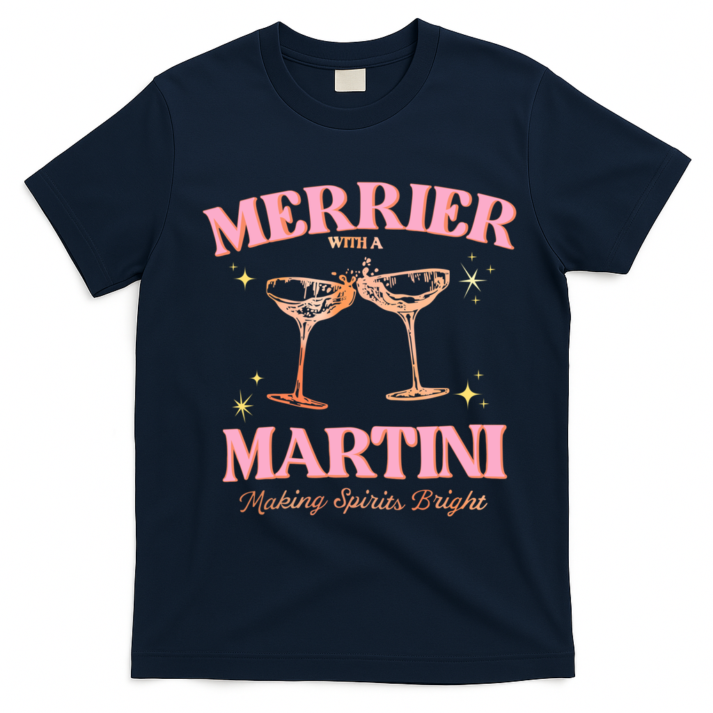 Funny Merrier With A Martini Bachelorette Merry Christmas Gift T-Shirt - Navy Blue