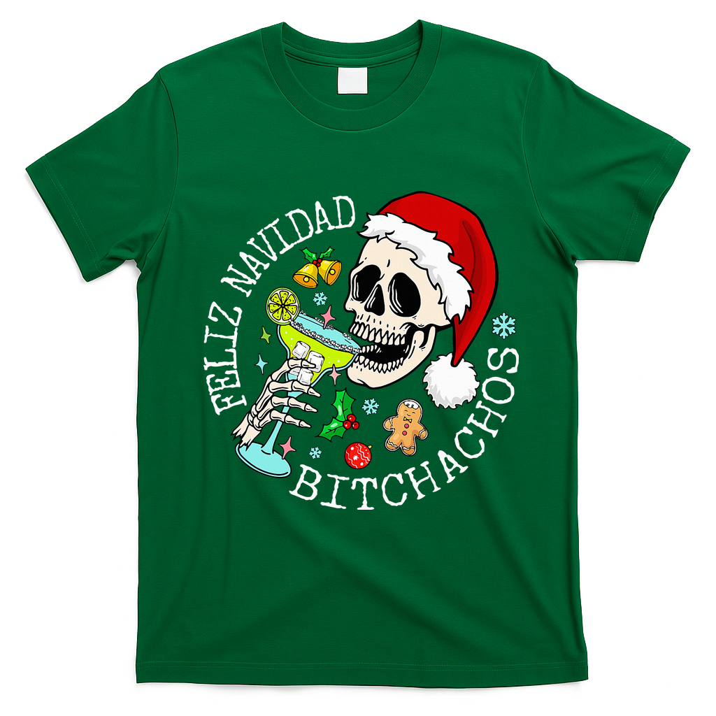 Feliz Navidad Bitchachos Funny Skull Spanish T-Shirt - Irish Green