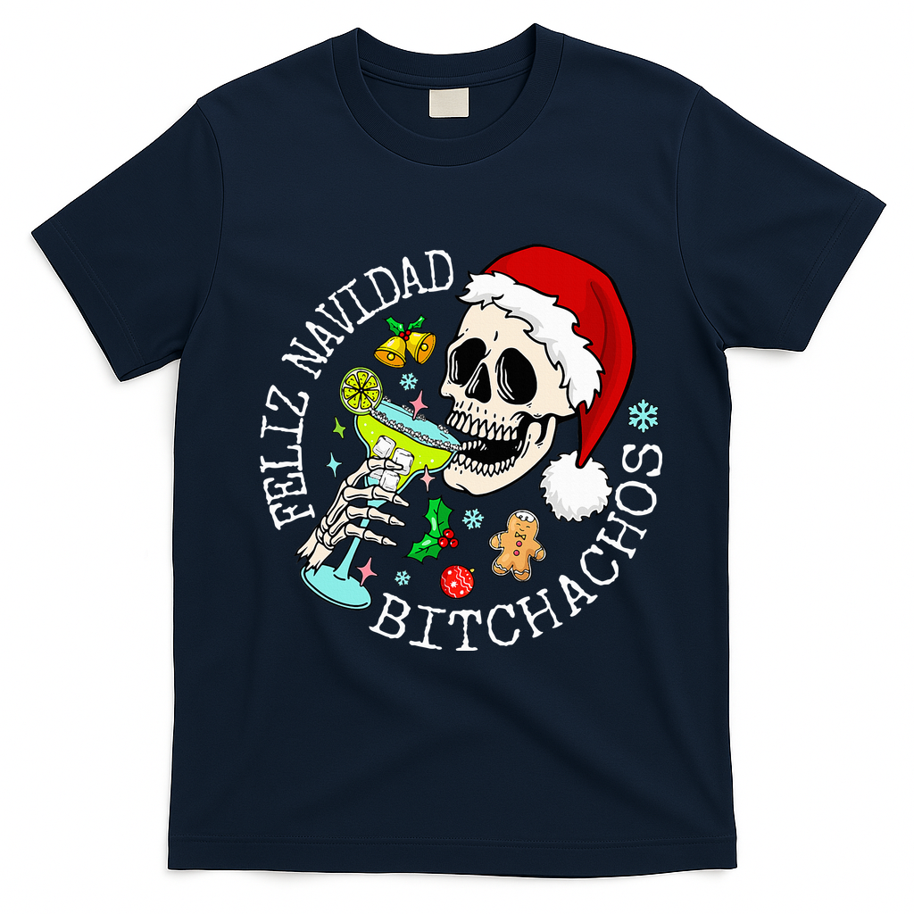 Feliz Navidad Bitchachos Funny Skull Spanish T-Shirt - Navy Blue