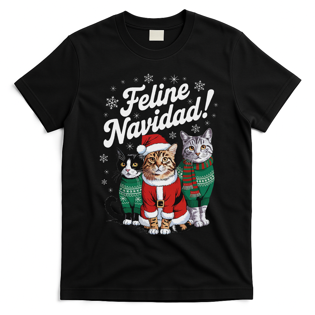 Feline Navidad Funny Cat Christmas Holiday Xmas Santa Hat T-Shirt - Black
