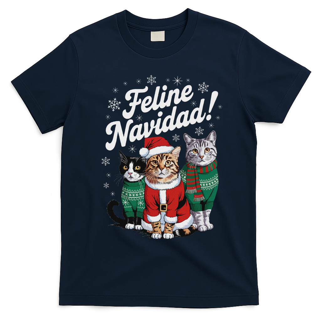 Feline Navidad Funny Cat Christmas Holiday Xmas Santa Hat T-Shirt - Navy Blue