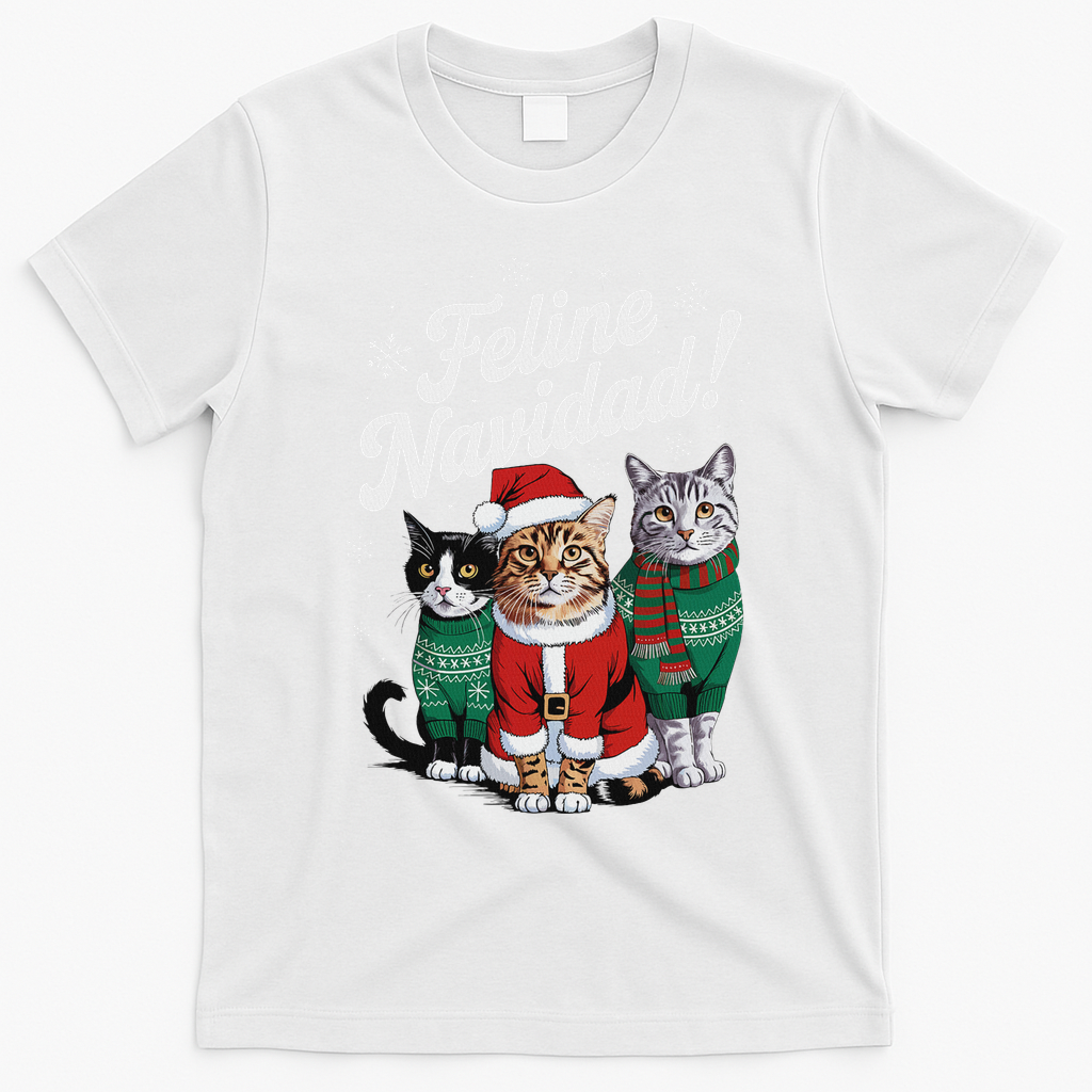Feline Navidad Funny Cat Christmas Holiday Xmas Santa Hat T-Shirt - White