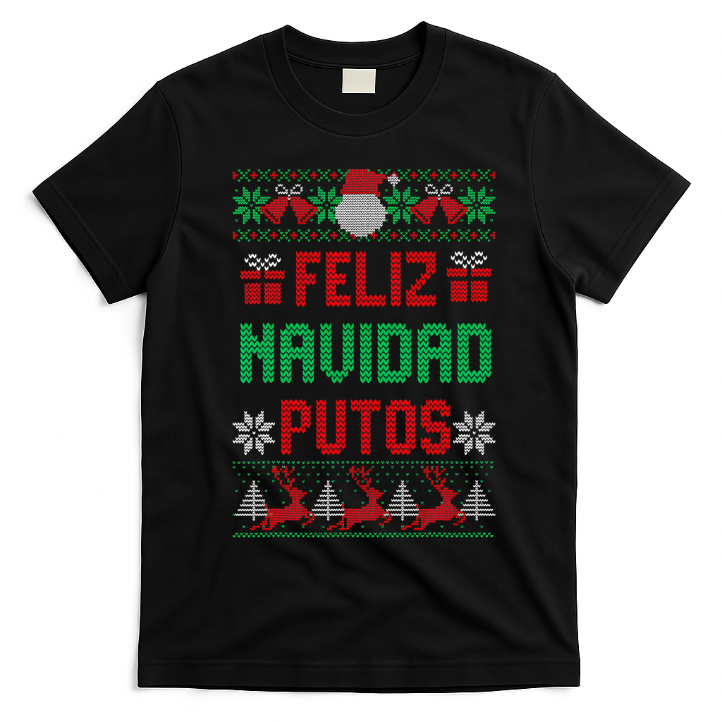 Feliz Navidad Putos Ugly Mexican Christmas Sweater Funny T-Shirt - Black