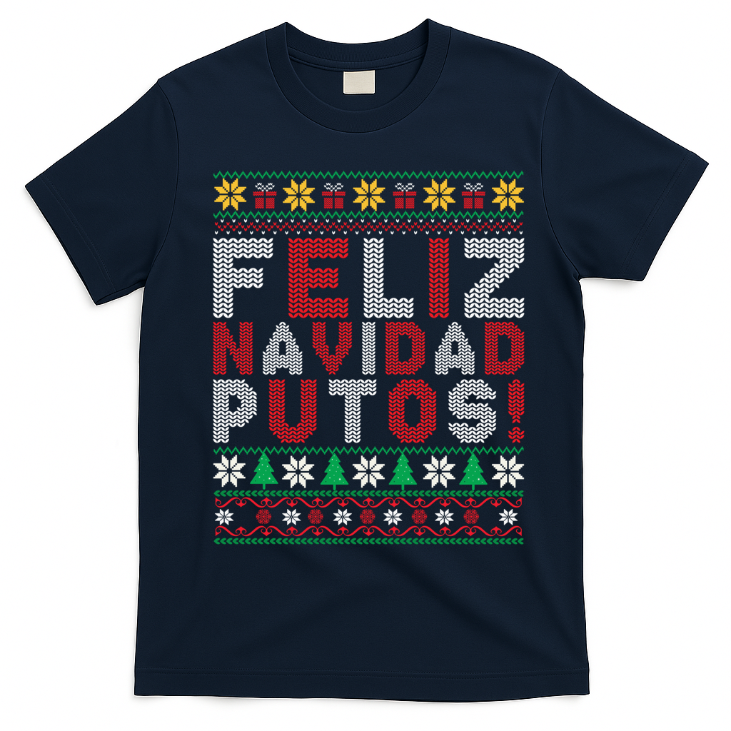 Feliz Navidad Putos Ugly Sweater Christmas Funny T-Shirt - Navy Blue