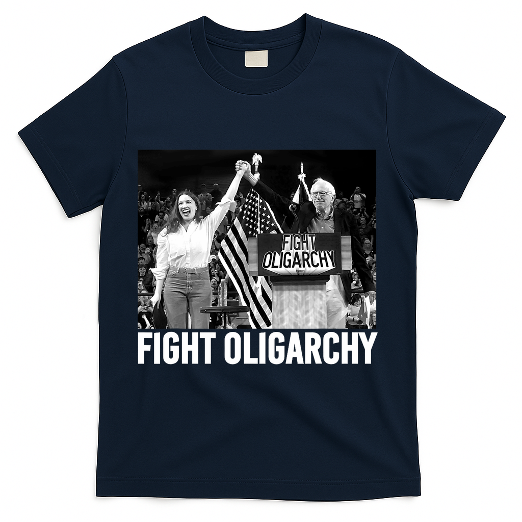 Fight Oligarchy Bernie Sanders And AOC Freedom US Anti Trump  T-Shirt - Navy