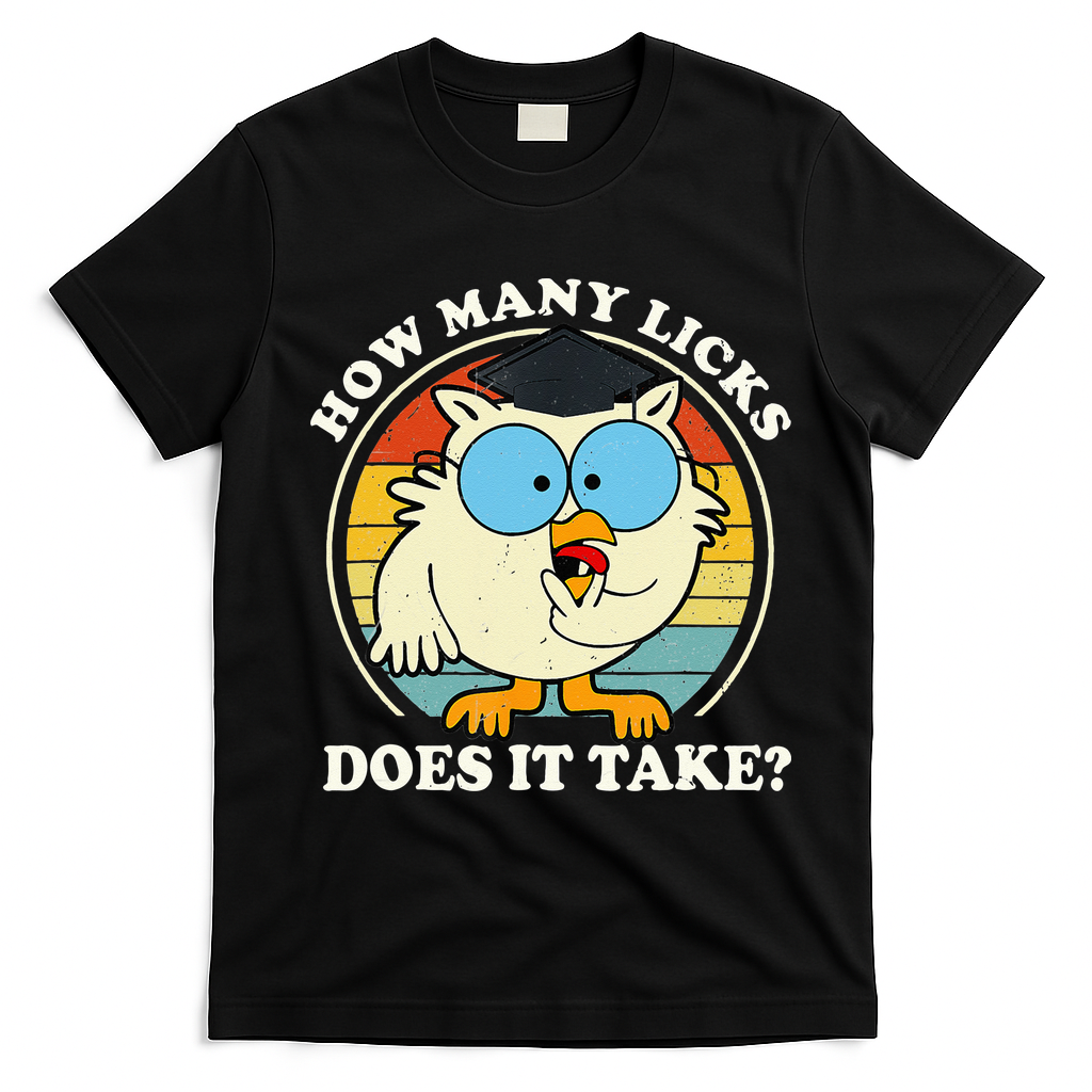 Funny Owl How Many Licks Does It Take Retro Vintage T-Shirt - Black