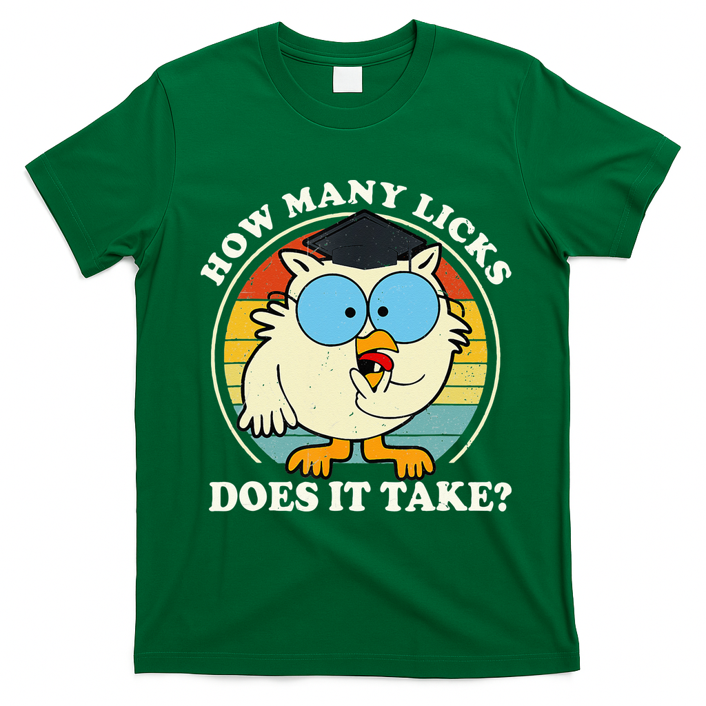 Funny Owl How Many Licks Does It Take Retro Vintage T-Shirt - Irish Green