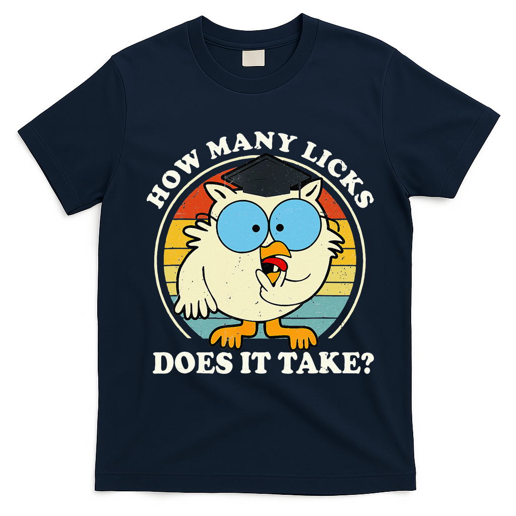 Funny Owl How Many Licks Does It Take Retro Vintage T-Shirt - Navy Blue