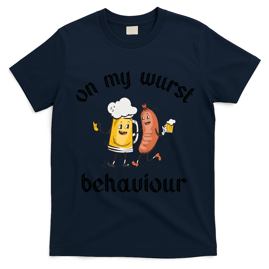 Funny Oktoberfest On My Wurst Behaviour Beer Hot Dog Drinking Team T-Shirt - Navy Blue