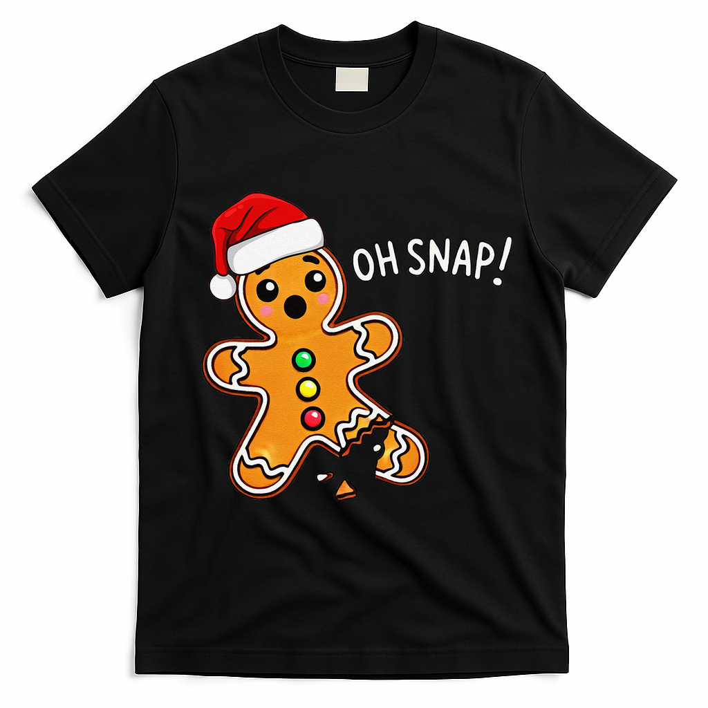 Funny Oh Snap Christmas Gingerbread With Santa Hat T-Shirt - Black