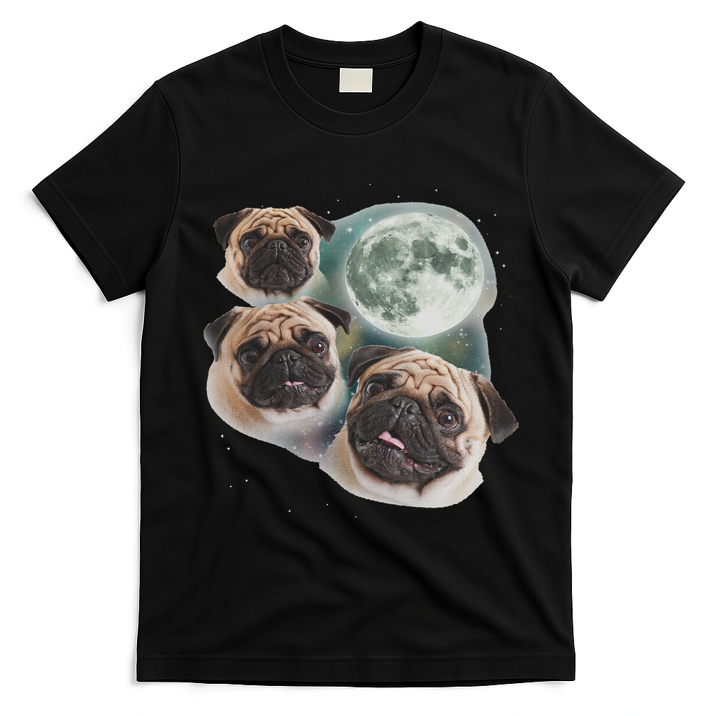 Funny Pug 3 Pug Moon Dog Lovers Three Space Canines T-Shirt - Black