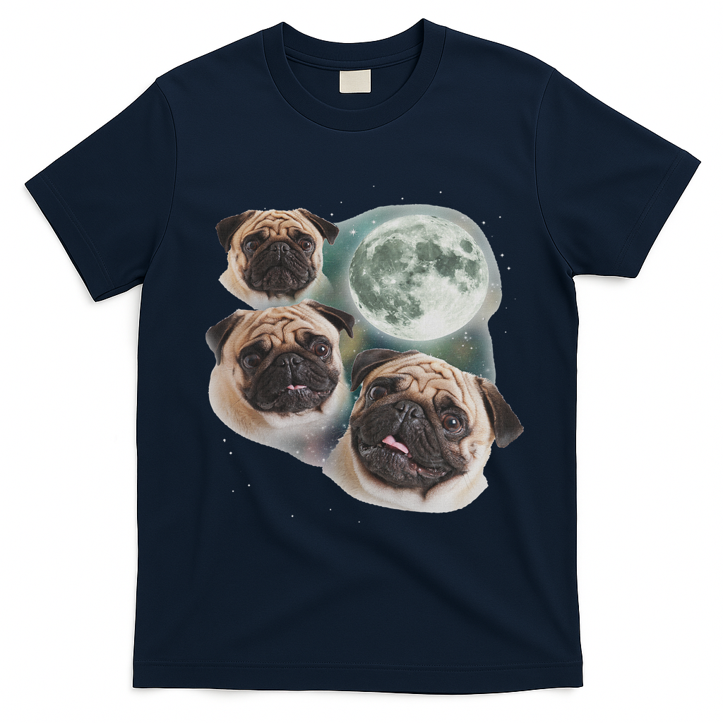 Funny Pug 3 Pug Moon Dog Lovers Three Space Canines T-Shirt - Navy Blue
