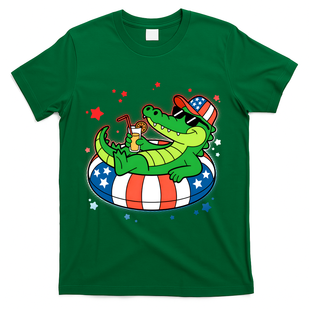 Funny Patriotic 4th Of July Alligator Crocodile Pool Float Tube T-Shirt - Green