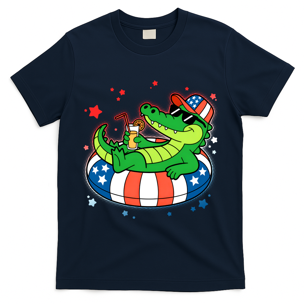 Funny Patriotic 4th Of July Alligator Crocodile Pool Float Tube T-Shirt - Navy