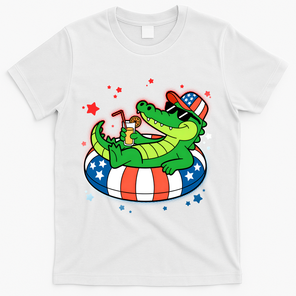 Funny Patriotic 4th Of July Alligator Crocodile Pool Float Tube T-Shirt - White