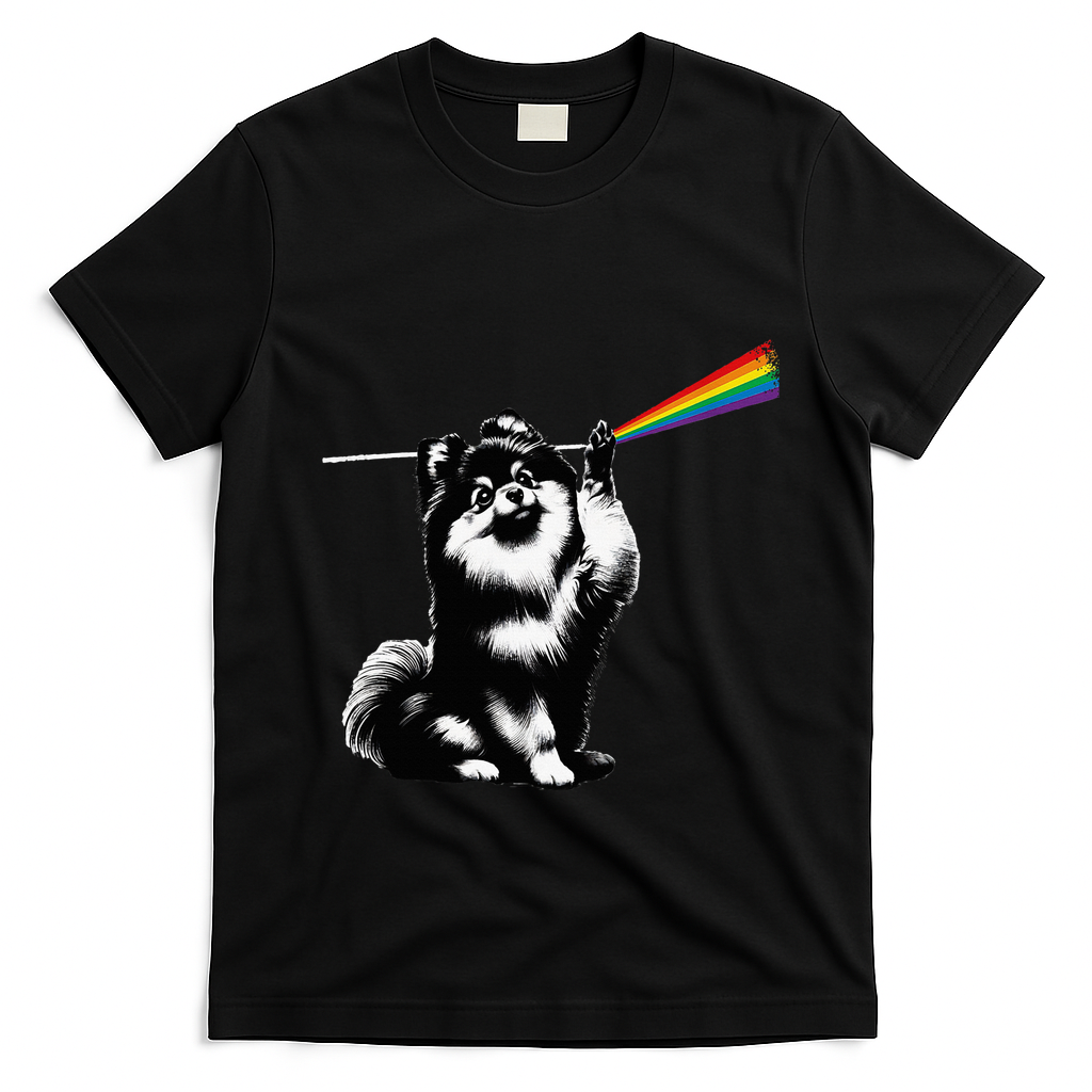 Funny Pomeranian Dog Rock Music Rainbow Fun Dark Side Moon T-Shirt - Black