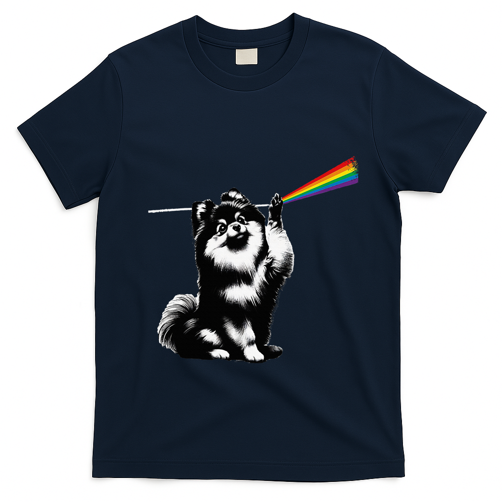 Funny Pomeranian Dog Rock Music Rainbow Fun Dark Side Moon T-Shirt - Navy Blue