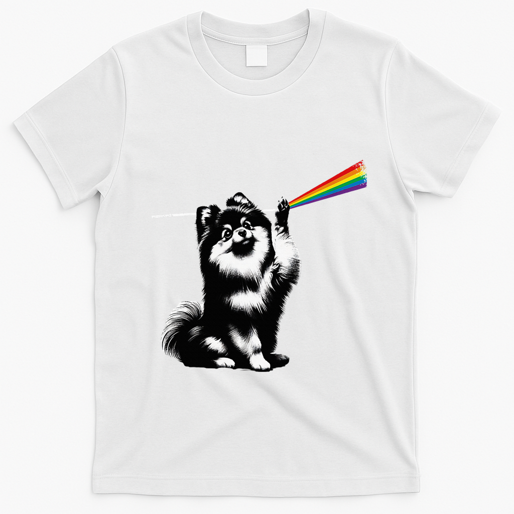 Funny Pomeranian Dog Rock Music Rainbow Fun Dark Side Moon T-Shirt - White