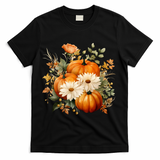Fall Pumpkin Floral Holiday T-Shirt - Black